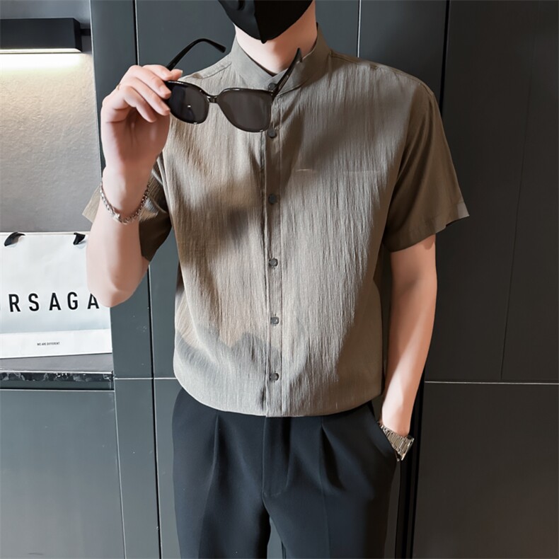 夏季男士七分袖条纹衬衫立领男休闲修身休闲衬衣A236-C663-P55,男装衬衫,电商A236