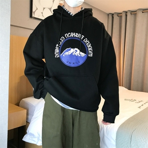 2020冬装港味雪山印花情侣宽松学院原宿风加绒卫衣男A182图片
