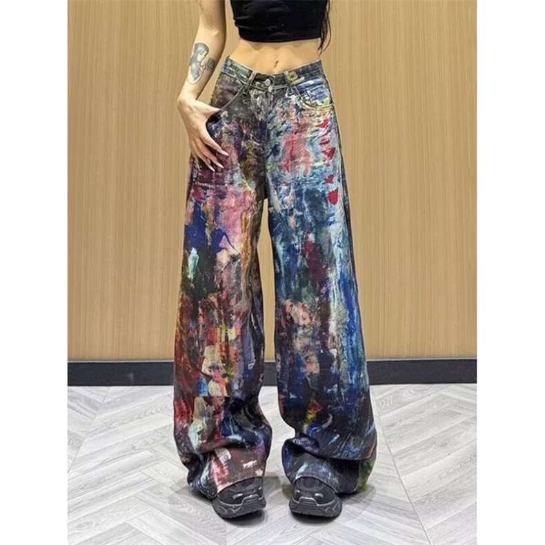 复古3D彩印泼墨牛仔裤女重工彩色油画宽松阔腿直筒裤子NM609,男装牛仔裤,星座1116A（原606A-3）