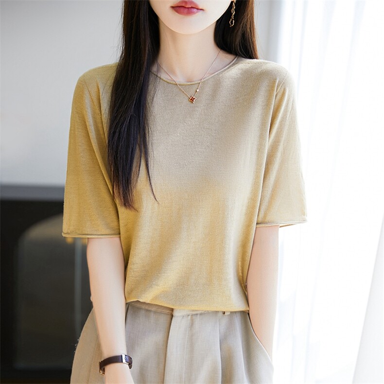宽松薄款针织套头纯色半袖上衣女2025夏新款圆领卷边无缝中袖T恤，女装羊毛衫，臻维羊绒