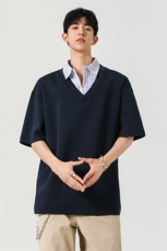 千鸟格拼接短袖polo衫男女夏季美式复古潮牌重磅情侣正肩翻领t恤，男装Polo衫，星座225-2