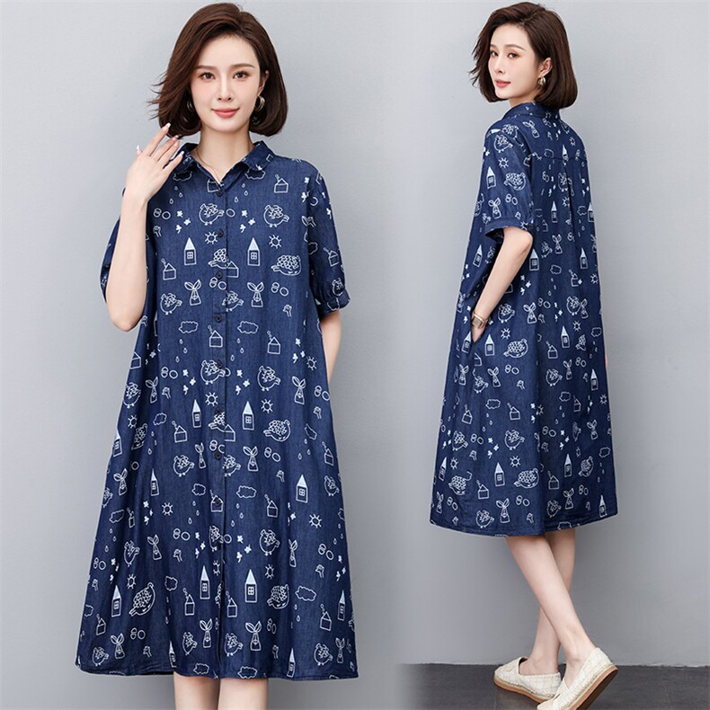 新款连衣裙女2023年夏季大码宽松显瘦气质中长裙高端减龄休闲裙子，女装连衣裙，江忆布依