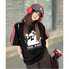抖音得物品质二开240克宽松纯棉美式潮牌印花三条杠中性风短袖T恤，男装T恤，电商A486-1