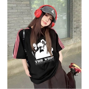 抖音得物品质二开240克宽松纯棉美式潮牌印花三条杠中性风短袖T恤图片