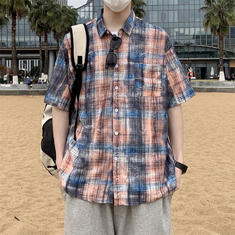 复古男款春秋夏季衬衫潮流宽松青年痞帅短袖破洞衬衣港风7223P45,男装衬衫,电商A056