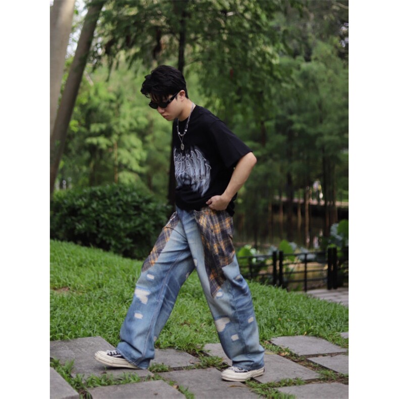YESI美式3D印花牛仔裤男女宽松街头潮流设计感小众水洗休闲长裤子,男装牛仔裤,四季星座505