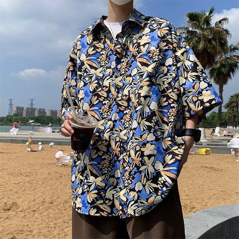 夏季短袖夏威夷印花衬衫男碎花时尚痞帅韩版宽松潮流海边度假,男装衬衫,星座1013