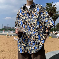 夏季短袖夏威夷印花衬衫男碎花时尚痞帅韩版宽松潮流海边度假，男装衬衫，星座1013