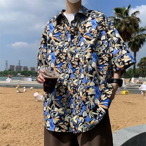 夏季短袖夏威夷印花衬衫男碎花时尚痞帅韩版宽松潮流海边度假图片