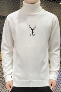 秋冬可翻高领毛衣男鹿头纯色长袖男刺绣毛衫打底针织衫白M255P33图片