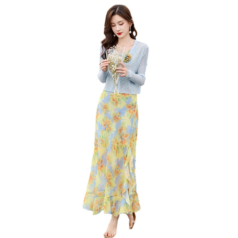时尚潮流法式浪漫碎花吊带裙+冰丝针织开衫两件套,女装套装/套裙,鑫鑫美