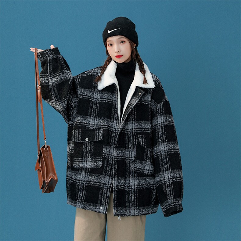 毛呢羊羔绒外套秋冬格子加绒加厚棉服美式高街外套A170-M809-P128,男装棉衣,电商A170