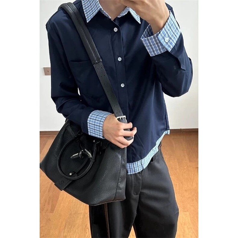 假两件拼接格纹长袖t恤男秋季美式学院风衬衣情侣外套LCS2077-P34图片