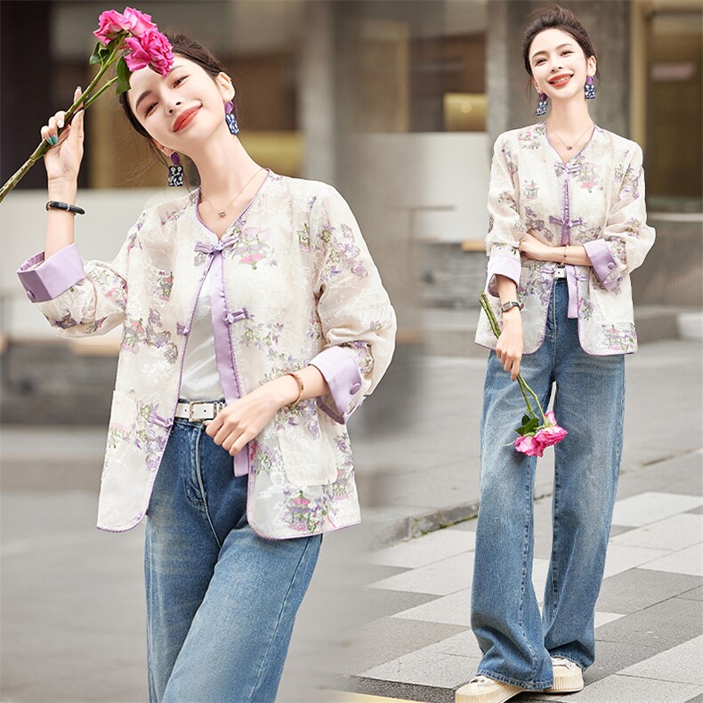 新中式外套女春夏小个子宽松薄款减龄漂亮洋气刺绣盘扣防晒衣，女装防晒衣，难舍钰依