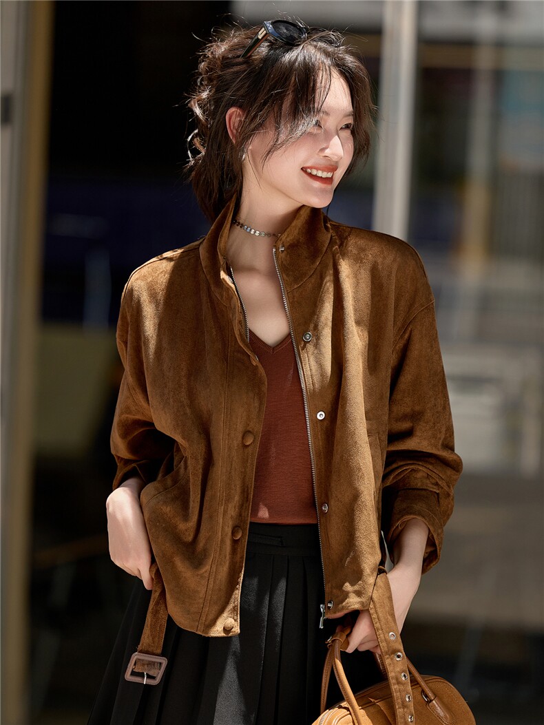 2658暮色巴黎美式复古仿麂皮绒宽松短款外套女送女友外套女,女装皮衣,潮流依族