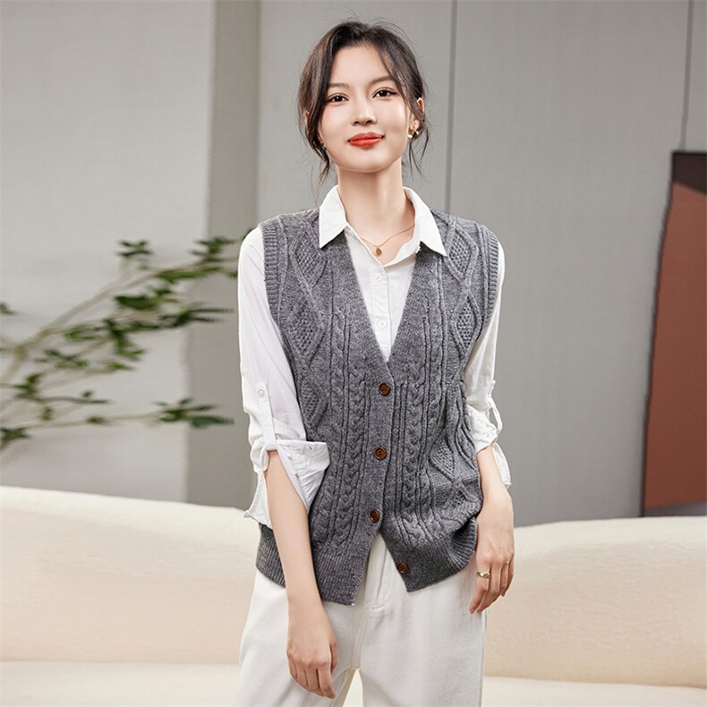 秋冬季新款女装针织马甲背心外套V领麻花无袖毛衣女宽松百搭,女装马甲,硕诚羊绒