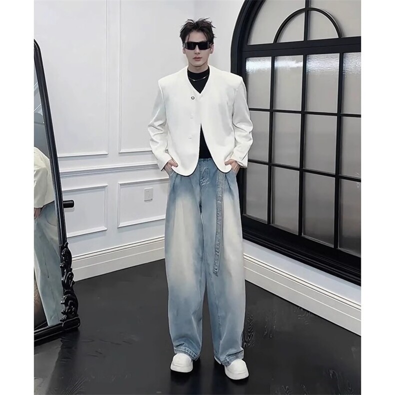 牛仔裤男女新款2025年春秋季复古腰带设计感阔腿裤痞帅宽松弯,男装牛仔裤,星座218-1（原230）