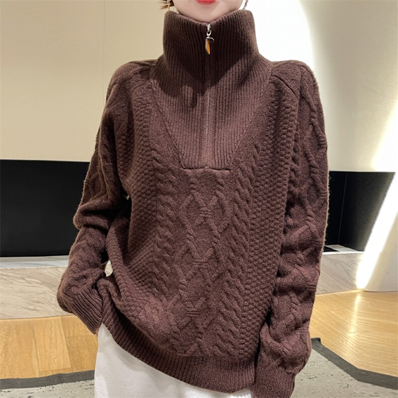重磅加厚半开领100%纯羊毛衫女高领绞花针织衫毛衣宽松羊绒打底衫,女装羊毛衫,邦太羊绒