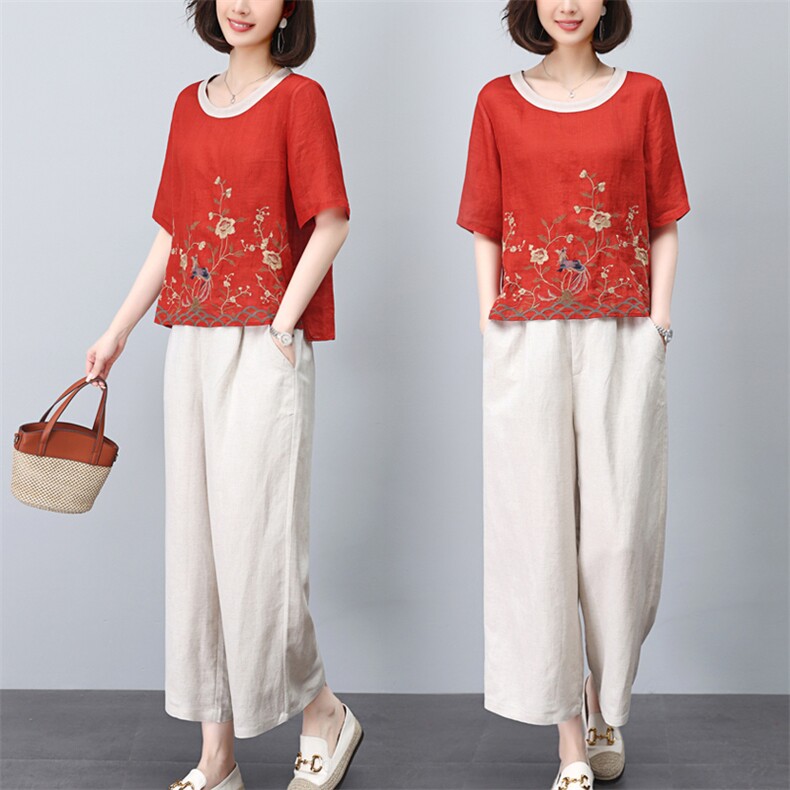 苎麻套装女夏2025新款中年妈妈宽松休闲时尚减龄棉麻阔腿裤两件套，女装套装/套裙，璐依舞
