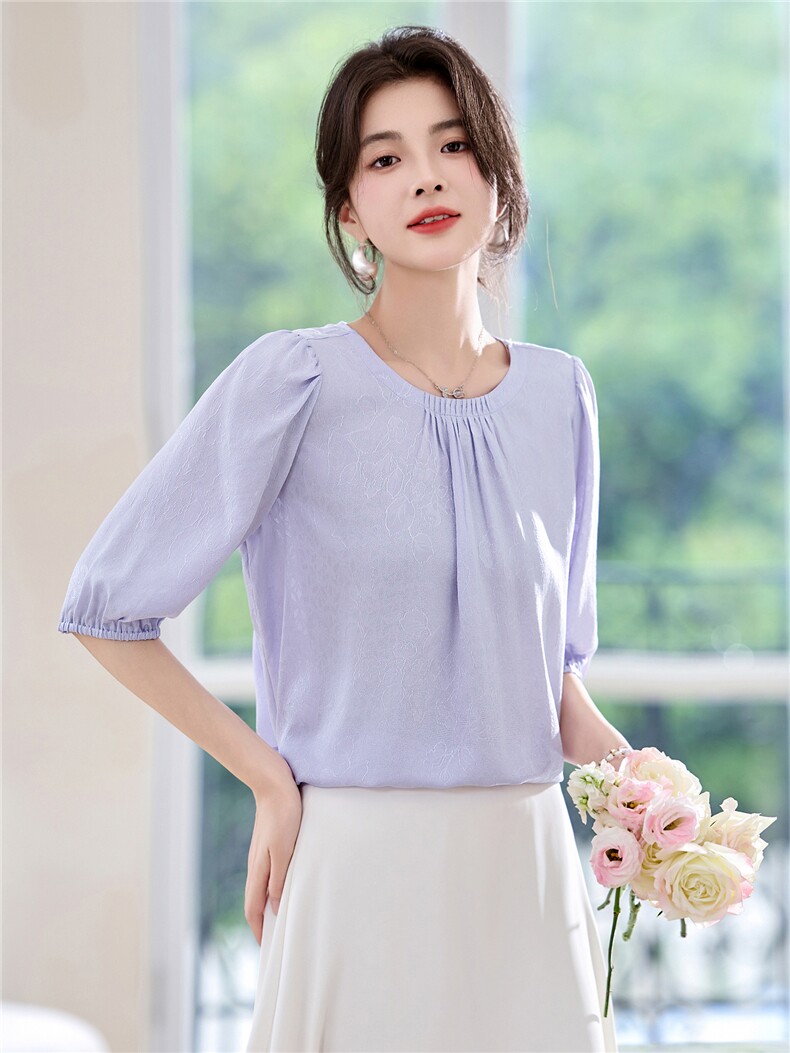 新款夏季真丝套头衬衫2025年新款夏季圆领五分袖纯色简约上衣,女装衬衫,阿舍尔精品