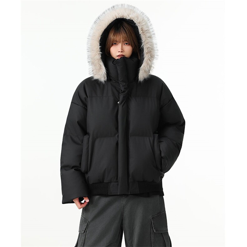 现货三防重磅硬挺boxy短款羽绒棉衣座山雕大毛毛领PU皮棉服外套冬图片