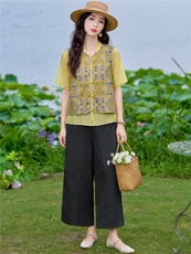 现货2026年夏季新款中式时尚两件套装女小衬衫马甲T恤提花阔腿裤，女装套装/套裙，璐依舞