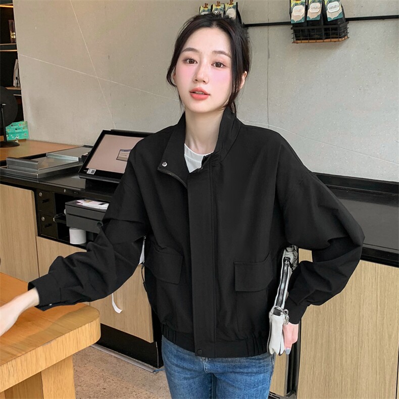小个子纯色立领夹克拉链上衣女2022秋新款时尚百搭休闲通勤短外套图片