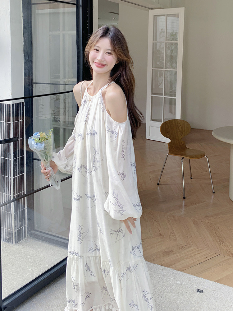 2025年夏季水墨竹叶印花裙大摆裙灯笼袖文艺复古宽松腰,女装连衣裙,诺蝶