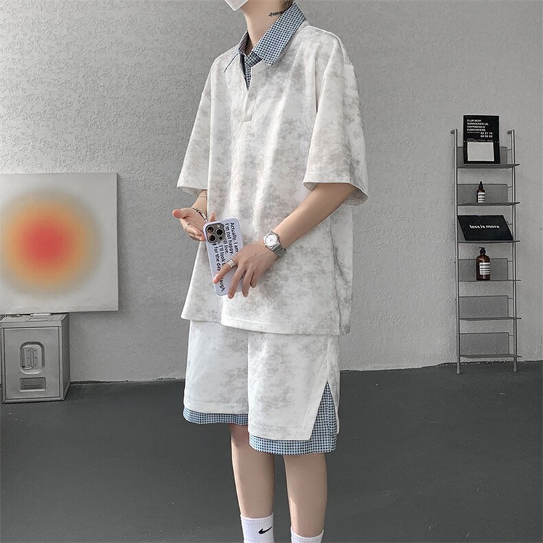 TZ780-特批55控98夏季新款扎染假俩件大码短袖短裤T恤套装,男装休闲套装,电商A059