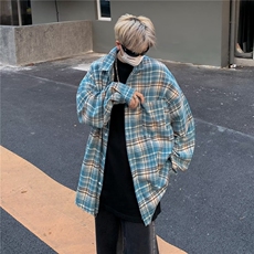 毛边美式复古蓝色格子衬衫男女宽松慵懒风C1111P45，男装衬衫，星座1116-2