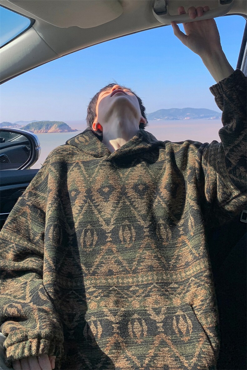 潮流提花连帽毛呢卫衣男春秋季美式复古重磅宽松青少年高级感外套,男装卫衣,电商A001