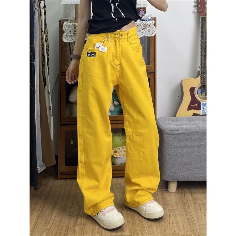 牛仔裤女2025新款夏季美式高街复古黄色休闲窄版直筒阔腿裤子潮流图片