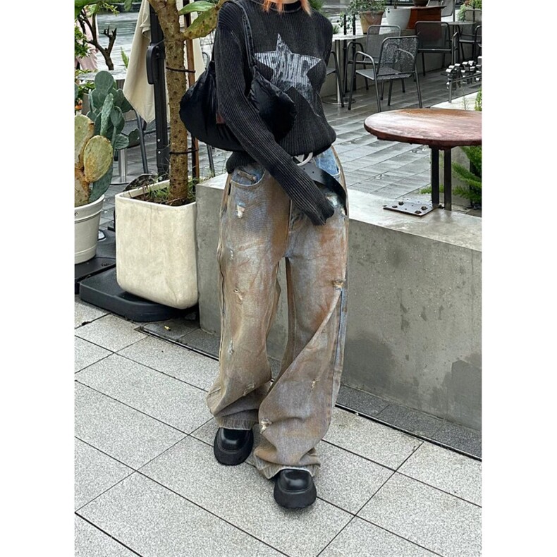 沙丘2沙丘风废土风衣服穿搭做旧破洞牛仔裤子男女,男装牛仔裤,星座1007（原301D）