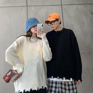 秋冬韩版潮流毛边做旧磨破情侣毛衣宽松个性打底针织衫QT802-P65图片