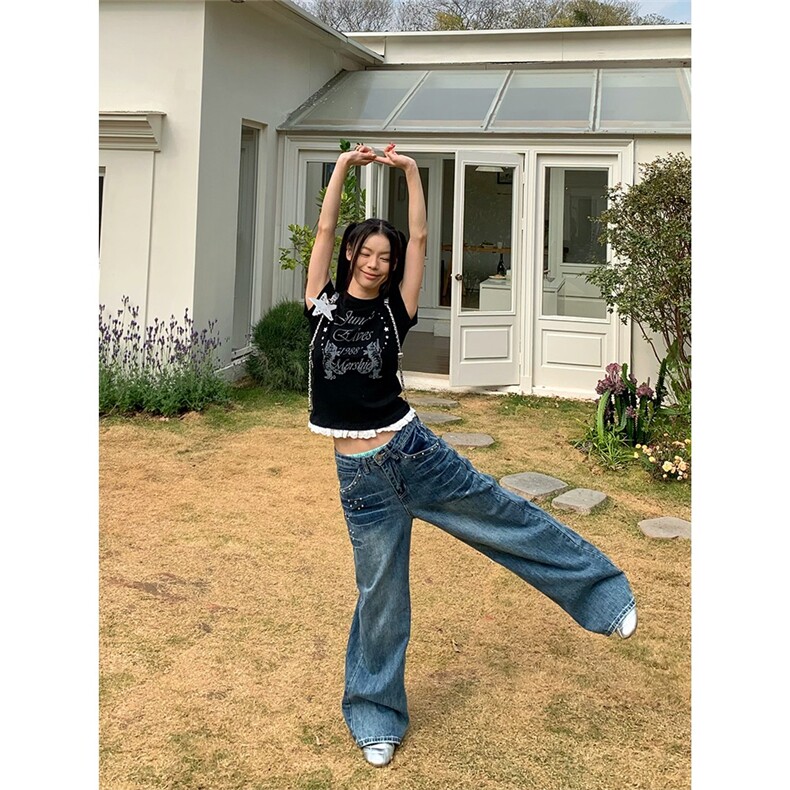 美式复古蕾丝边正肩短袖T恤女2025夏季辣妹修身短款打底衫上衣潮,男装T恤,星座506A