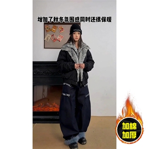 现货高品质美式高街重磅狼王座山雕毛毛领假两件棉衣加厚棉服外套图片