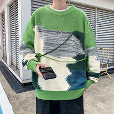 B222-P42秋冬高街潮牌拼接套头毛衣男日系复古不规则圆领针织衫，男装针织衫/毛衣，星座512-6
