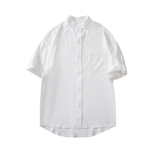 C5035/P30夏季新品立领衬衫男简约纯色痞帅薄款黑色七分袖衬衣