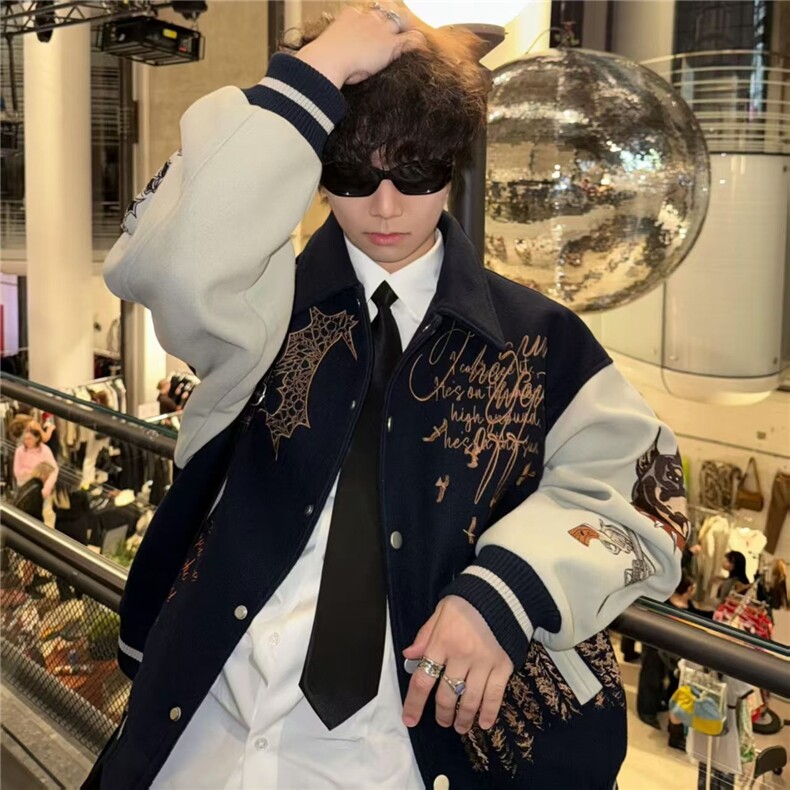 W568-P78潮牌美式复古毛呢刺绣棒球服外套男女立领飞行员夹克,男装夹克,星座911-1