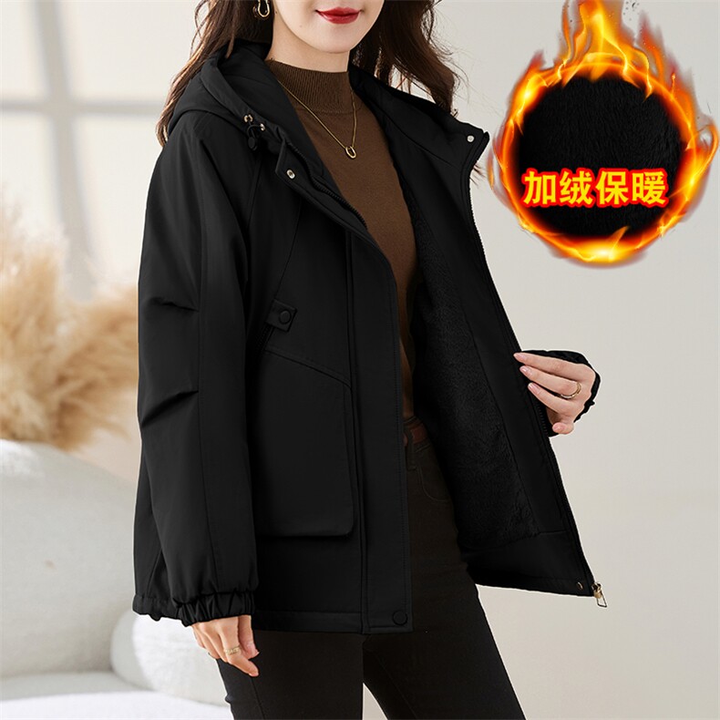 卡其色工装派克服棉服女2025冬季新款小个子宽松连帽加绒加厚外套,女装棉衣/棉服,慕咨