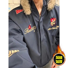 现货高品质美式高街重磅刺绣座山雕大毛毛领棉衣男女加厚棉服外套，男装棉衣，电商A486-1