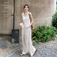 高级感穿搭白色后背蕾丝拼接马甲套装女夏季时尚休闲阔腿裤两件套，女装套装/套裙，慧尚依恋