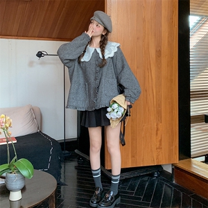 蕾丝花边娃娃领灰色短外套女春秋2025新款小个子高级感减龄森系图片