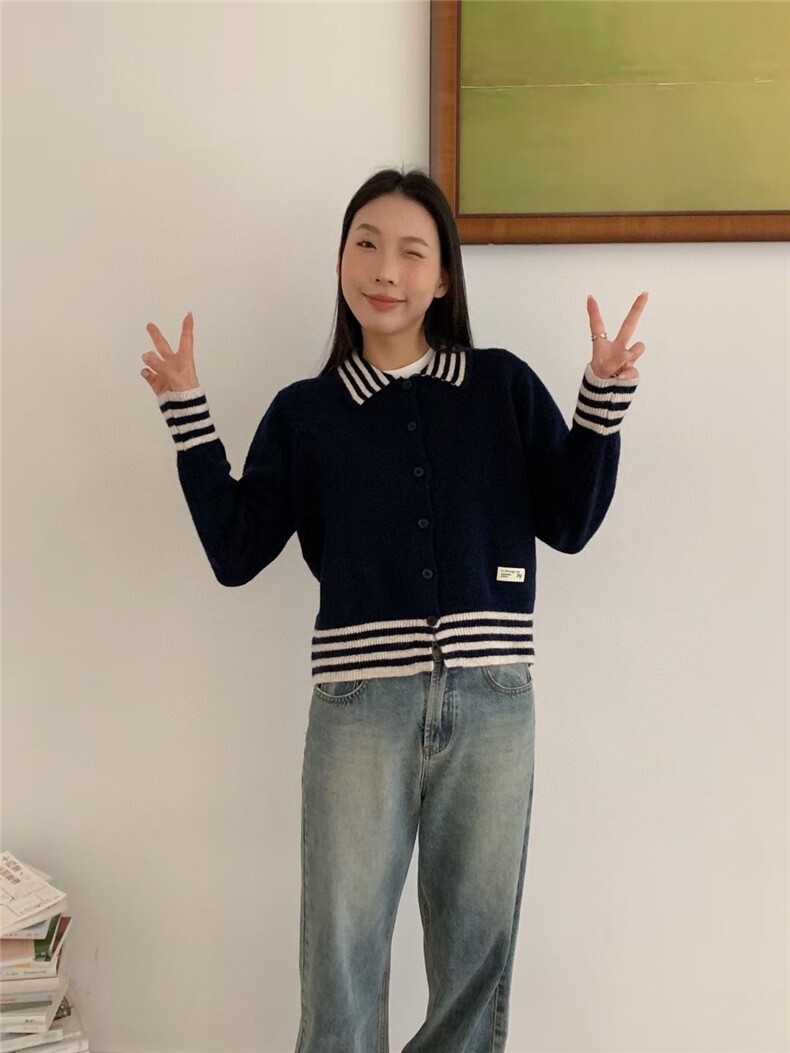 2025时尚百搭新品开衫外套条纹短款简约女,针织衫/毛衣,洛丽兰可