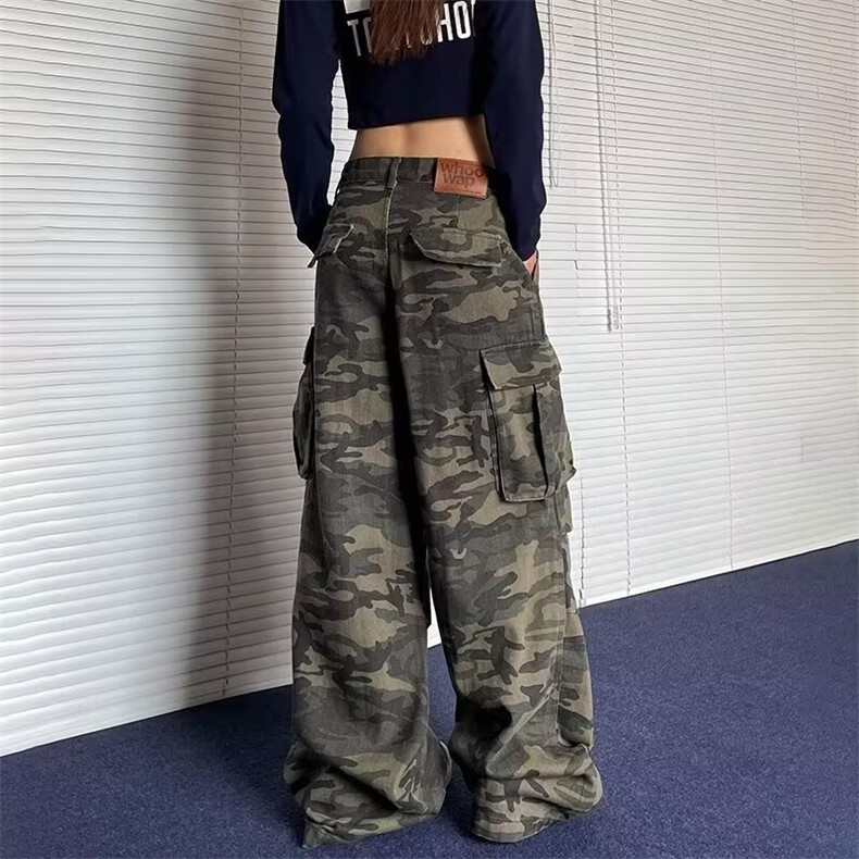 美式复古褶皱多口袋水洗迷彩工装裤男潮牌街头直筒堆积感阔腿裤子,男装牛仔裤,星座410-6（原星座1304-1）