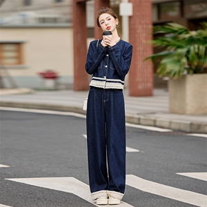 蕾丝拼接牛仔套装女2025春季新款穿搭时尚牛仔外套阔腿长裤两件套图片