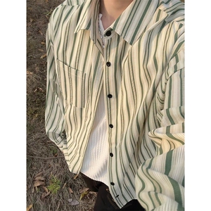 日系复古条纹衬衫男长袖宽松翻领少年感衬衣男女C2276-特价P40图片