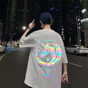 潮牌2021夜光反光卡通印花宽松上衣韩版潮流情侣长袖T恤W229-P30图片
