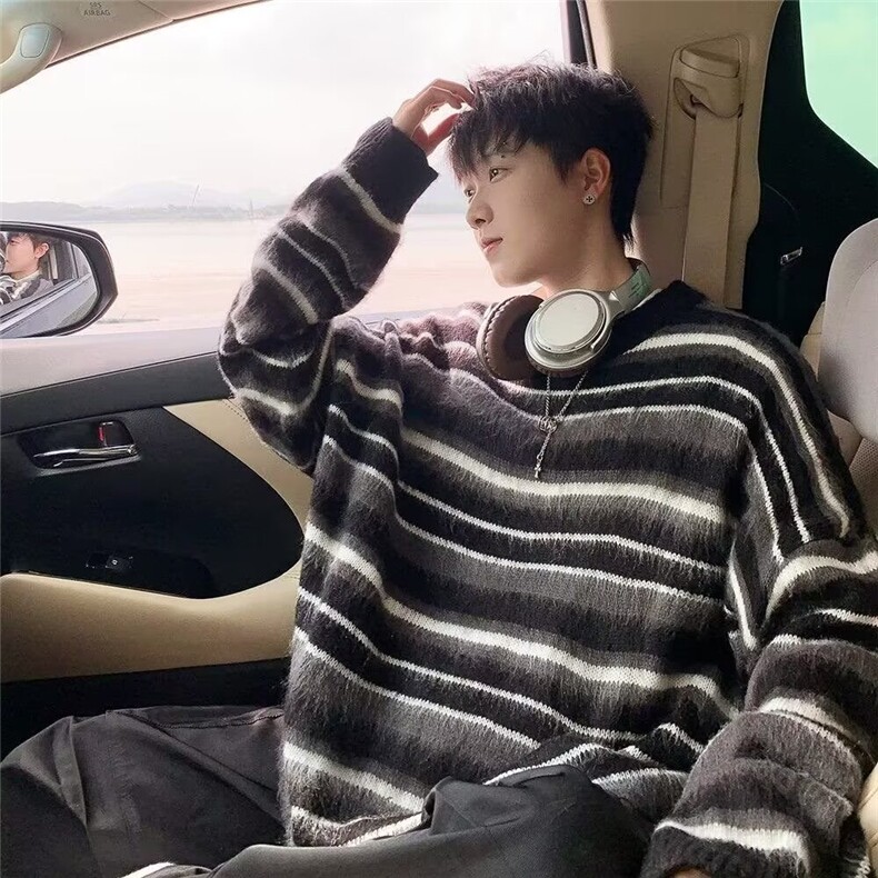 213-P50秋冬重磅撞色条纹印花圆领卫衣男美式原宿风宽松百搭，男装卫衣，电商B323A