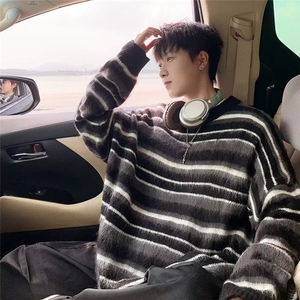 213-P50 秋冬重磅撞色条纹印花圆领卫衣男美式原宿风宽松百搭,男装卫衣,电商B323A